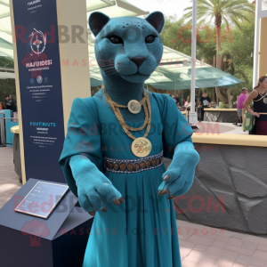 Teal Jaguarundi mascot costume character dressed with a Empire Waist Dress and Bracelet watches