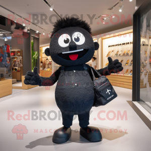 Black Fried Rice mascot costume character dressed with a Denim Shorts and Handbags