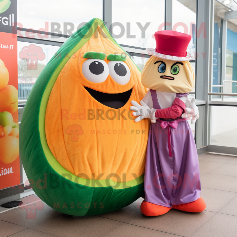 Peach Fajitas mascot costume character dressed with a Ball Gown and Ties