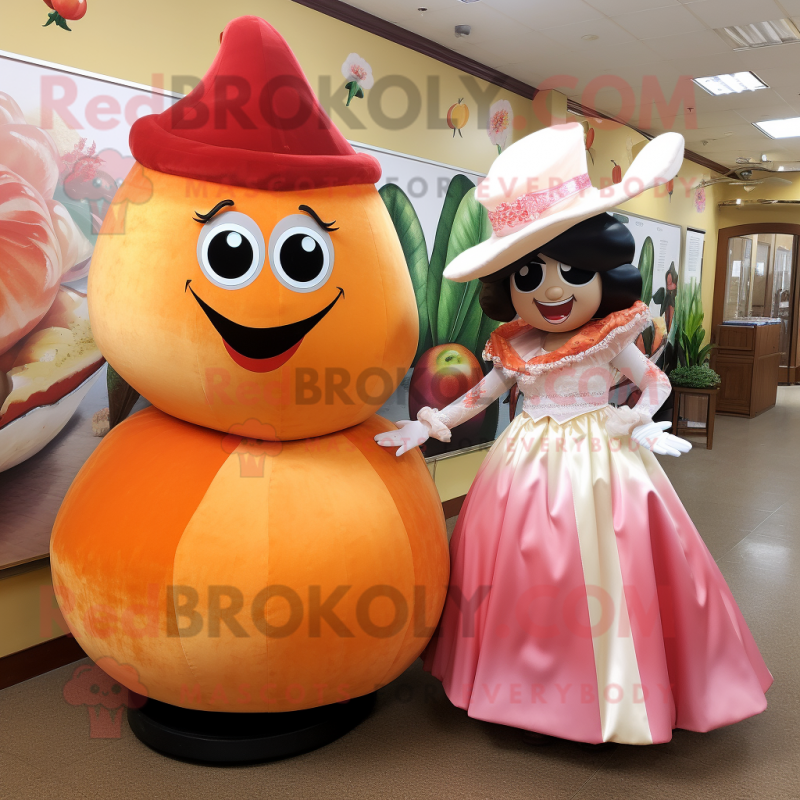 Peach Fajitas mascot costume character dressed with a Ball Gown and Ties