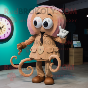 Tan Octopus mascot costume character dressed with a A-Line Dress and Digital watches