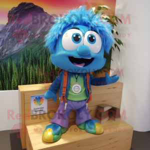 Blue Rainbow mascot costume character dressed with a Cargo Shorts and Hairpins