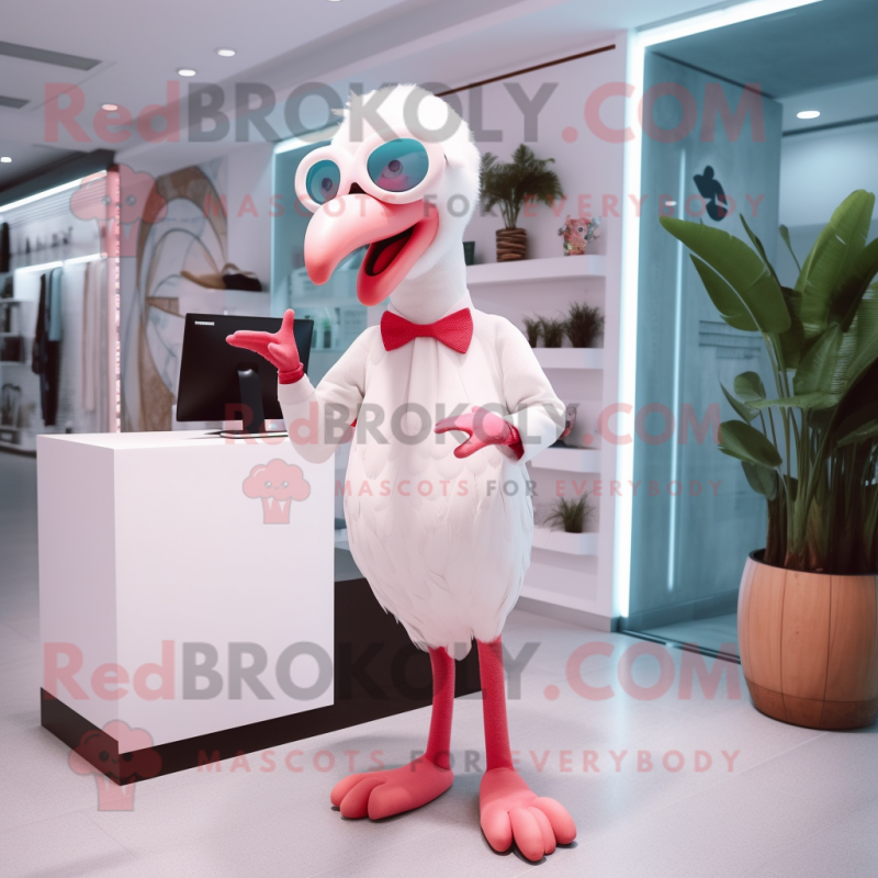 White Flamingo mascot costume character dressed with a Culottes and Eyeglasses