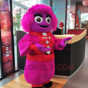Magenta Sushi mascot costume character dressed with a Coat and Bracelet watches