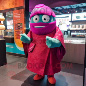 Magenta Sushi mascot costume character dressed with a Coat and Bracelet watches