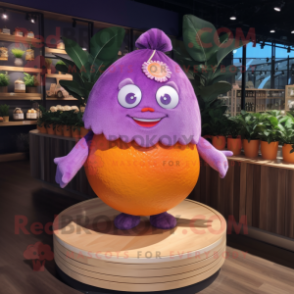 Purple Grapefruit mascot costume character dressed with a Pleated Skirt and Hairpins