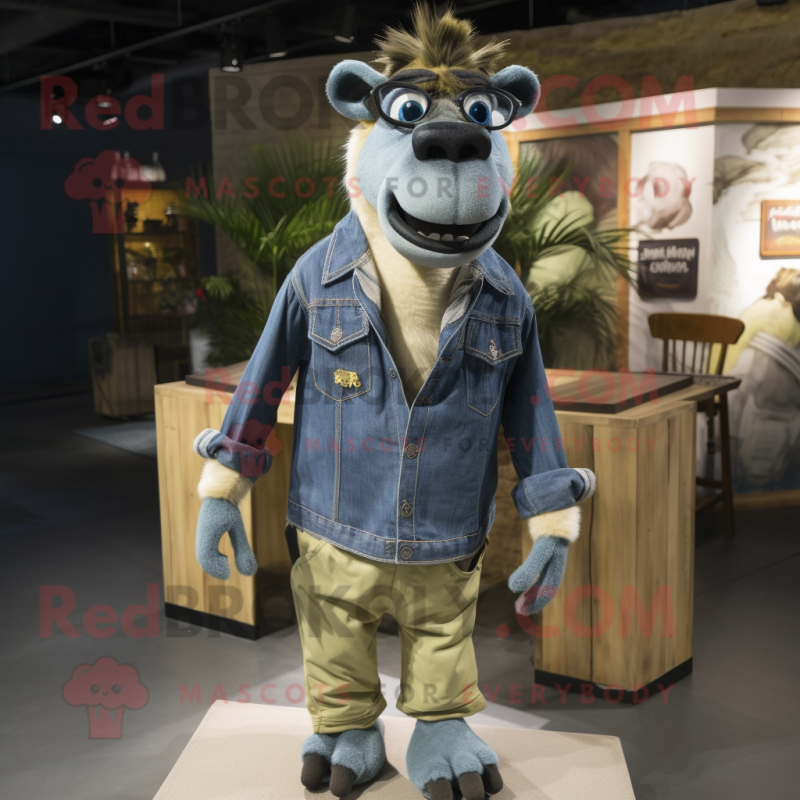 Olive Quagga mascot costume character dressed with a Denim Shirt and Sunglasses