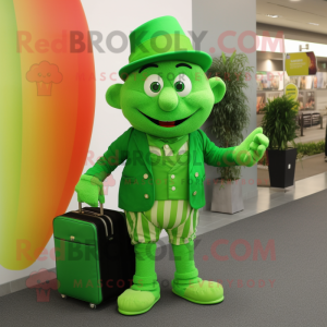 Lime Green Leprechaun mascot costume character dressed with a Cardigan and Clutch bags