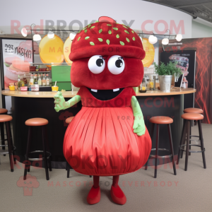 Red Hamburger mascot costume character dressed with a Cocktail Dress and Hair clips