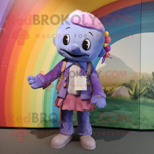 Lavender Rainbow mascot costume character dressed with a Leather Jacket and Clutch bags