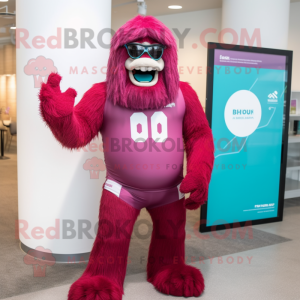 Magenta Sasquatch mascot costume character dressed with a One-Piece Swimsuit and Reading glasses