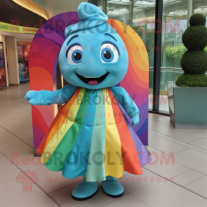 Turquoise Rainbow mascot costume character dressed with a Wrap Dress and Brooches