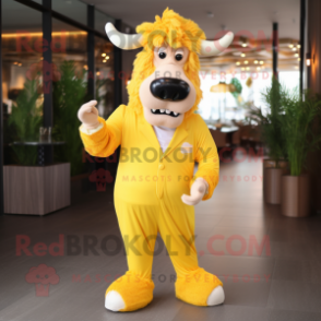 Yellow Beef Stroganoff mascot costume character dressed with a Suit Pants and Anklets