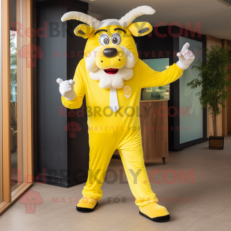 Yellow Beef Stroganoff mascot costume character dressed with a Suit Pants and Anklets