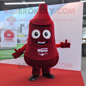 Maroon Bottle Of Ketchup mascot costume character dressed with a V-Neck Tee and Handbags