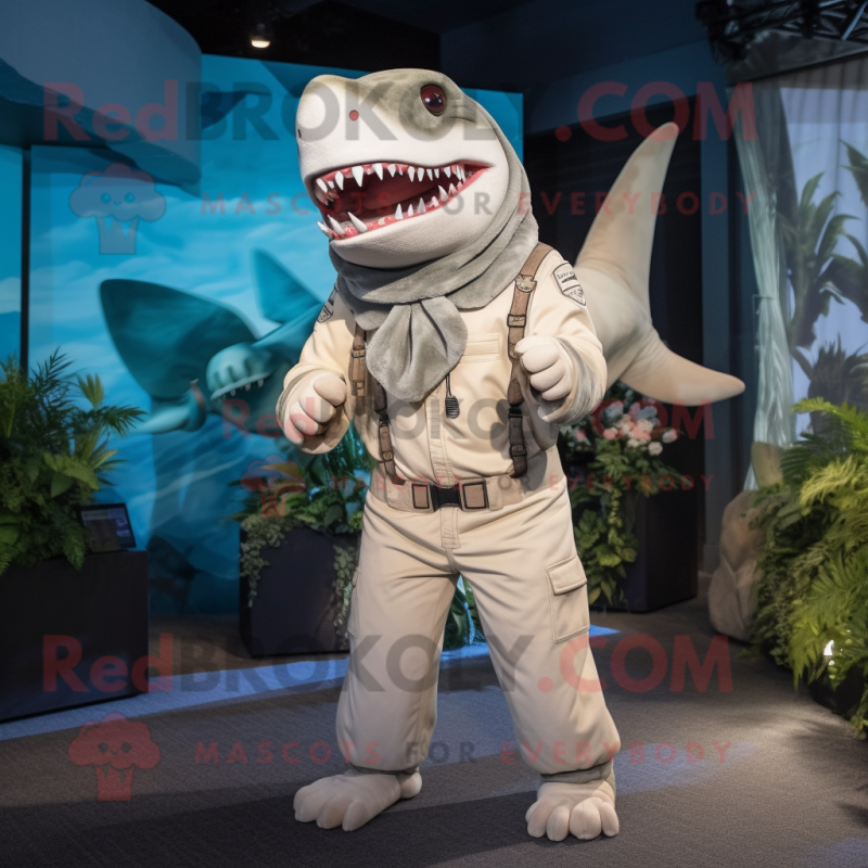 White Megalodon mascot costume character dressed with a Playsuit and Scarves