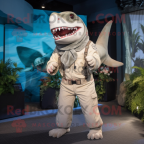 White Megalodon mascot costume character dressed with a Playsuit and Scarves