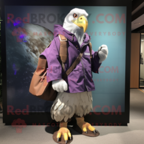 Purple Bald Eagle mascot costume character dressed with a Parka and Tote bags