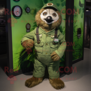 Green Sloth mascot costume character dressed with a Dungarees and Brooches