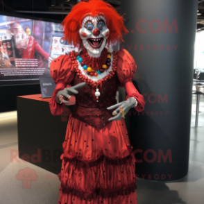 Red Evil Clown mascot costume character dressed with a Pencil Skirt and Anklets