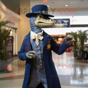 Navy Utahraptor mascot costume character dressed with a Blazer and Hat pins