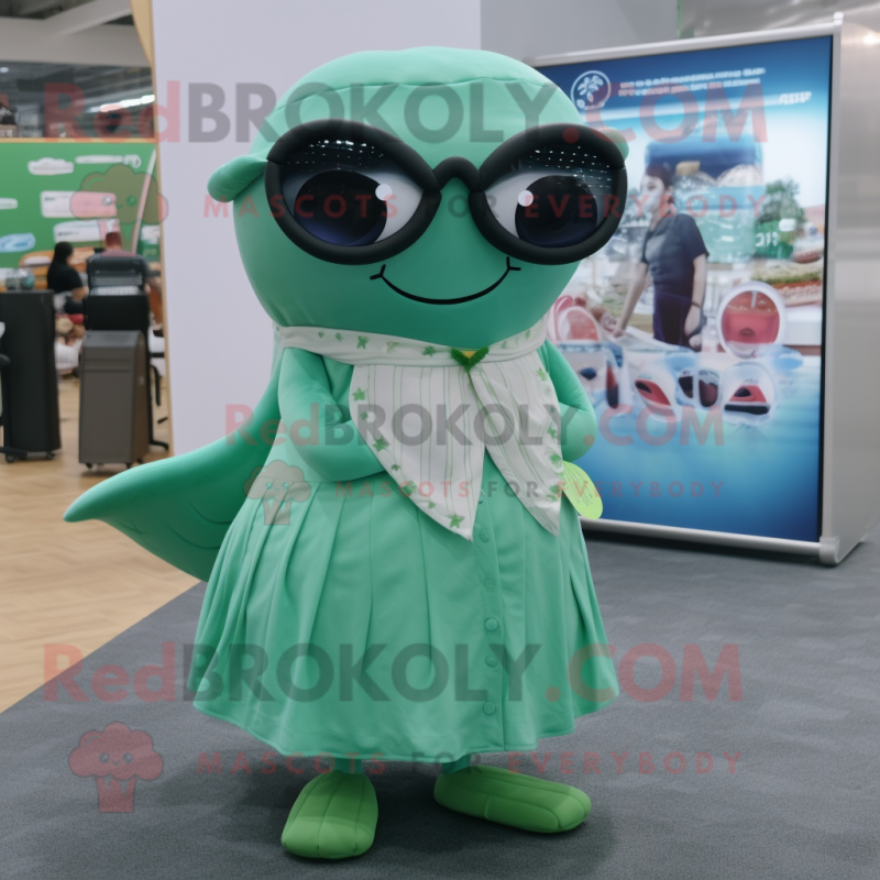 Green Humpback Whale mascot costume character dressed with a Skirt and Eyeglasses