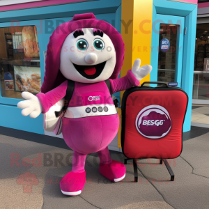 Magenta Bagels mascot costume character dressed with a Playsuit and Wallets