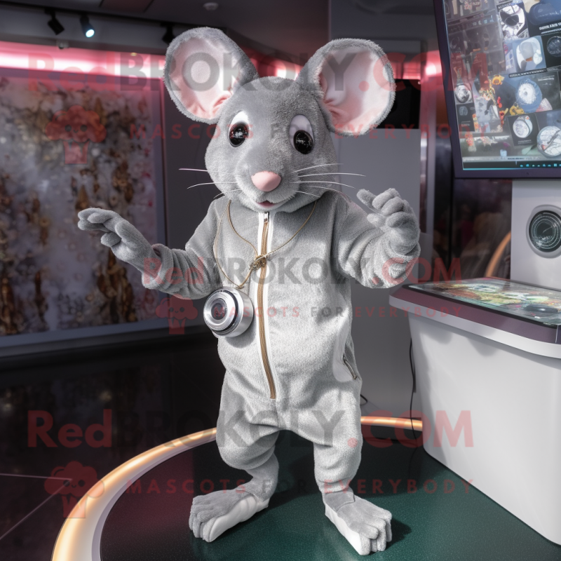 Silver Mouse mascot costume character dressed with a Playsuit and Bracelets