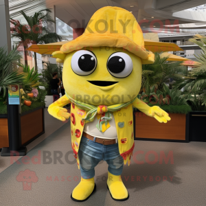 Lemon Yellow Tacos mascot costume character dressed with a Overalls and Necklaces