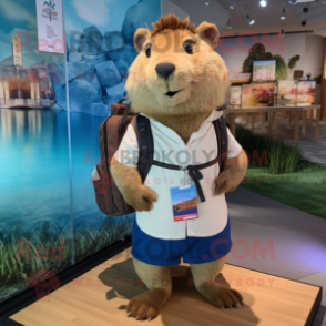 nan Capybara mascot costume character dressed with a Oxford Shirt and Backpacks