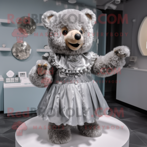 Silver Teddy Bear mascot costume character dressed with a Dress and Hairpins