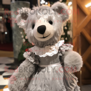 Silver Teddy Bear mascot costume character dressed with a Dress and Hairpins