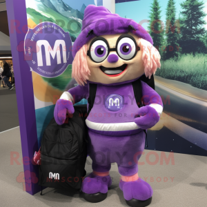 Purple Momentum mascot costume character dressed with a Dress and Backpacks