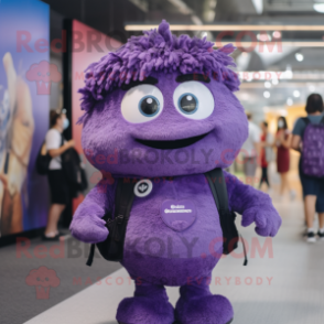 Purple Momentum mascot costume character dressed with a Dress and Backpacks
