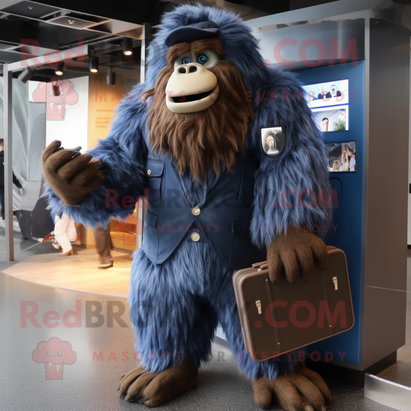 Navy Sasquatch mascot costume character dressed with a Suit Pants and Clutch bags