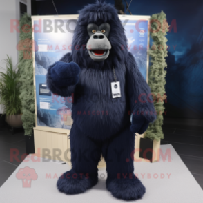 Navy Sasquatch mascot costume character dressed with a Suit Pants and Clutch bags