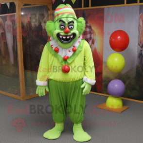 Lime Green Evil Clown mascot costume character dressed with a Polo Shirt and Shawls