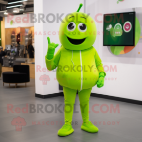 Lime Green Plum mascot costume character dressed with a Jeggings and Smartwatches