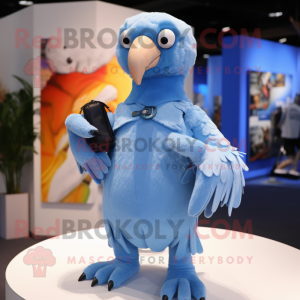 Sky Blue Vulture mascot costume character dressed with a Polo Tee and Mittens