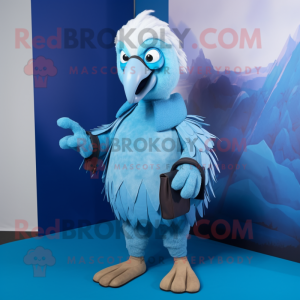 Sky Blue Vulture mascot costume character dressed with a Polo Tee and Mittens