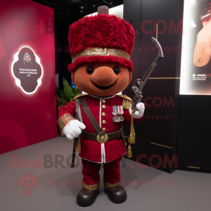 Maroon British Royal Guard mascot costume character dressed with a Moto Jacket and Keychains
