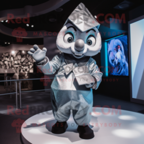 Silver Gyro mascot costume character dressed with a Suit and Mittens