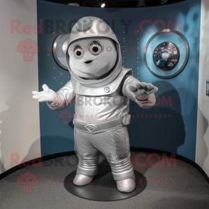 Silver Gyro mascot costume character dressed with a Suit and Mittens