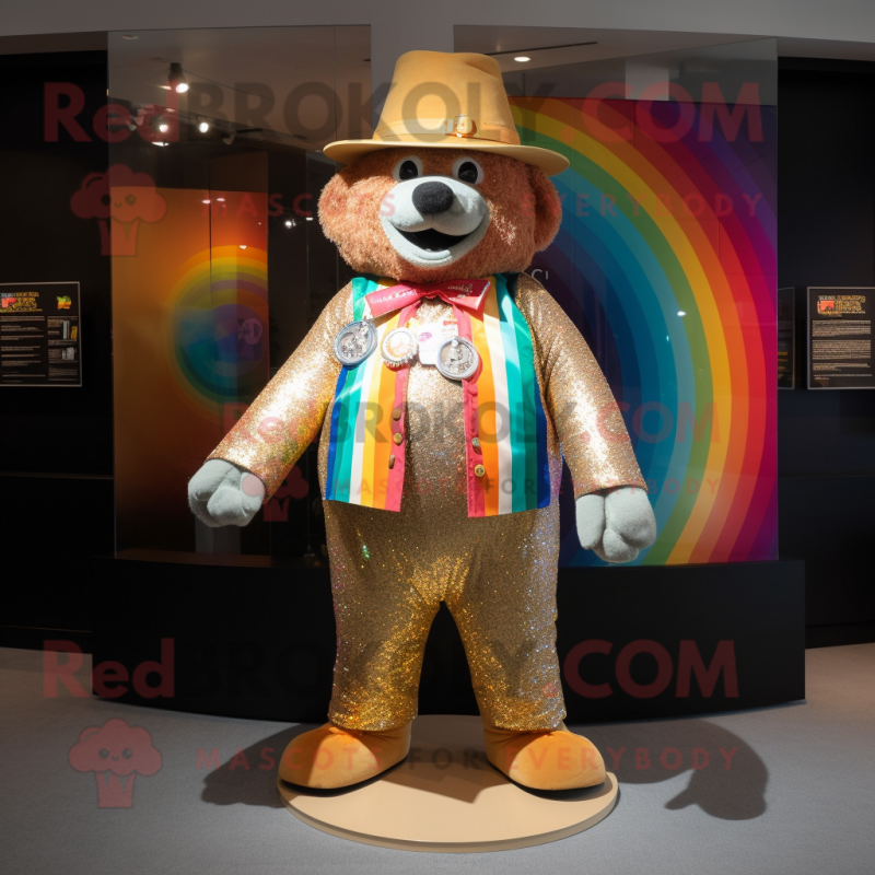 Gold Rainbow mascot costume character dressed with a Bermuda Shorts and Hat pins