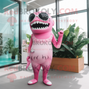 Pink Megalodon mascot costume character dressed with a One-Piece Swimsuit and Sunglasses