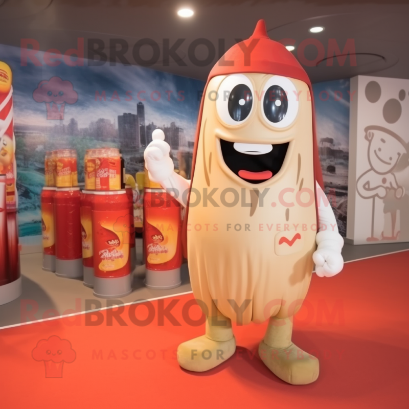 Beige Bottle Of Ketchup mascot costume character dressed with a Jumpsuit and Backpacks