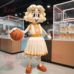 Cream Basketball Ball mascot costume character dressed with a Pencil Skirt and Suspenders