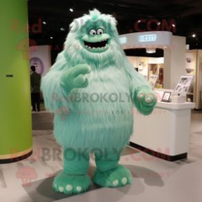 Green Yeti mascot costume character dressed with a A-Line Skirt and Cummerbunds