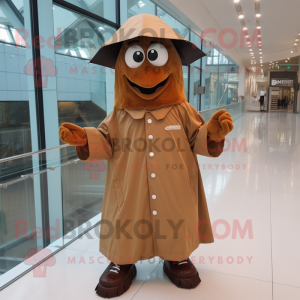 Brown Shakshuka mascot costume character dressed with a Raincoat and Cufflinks