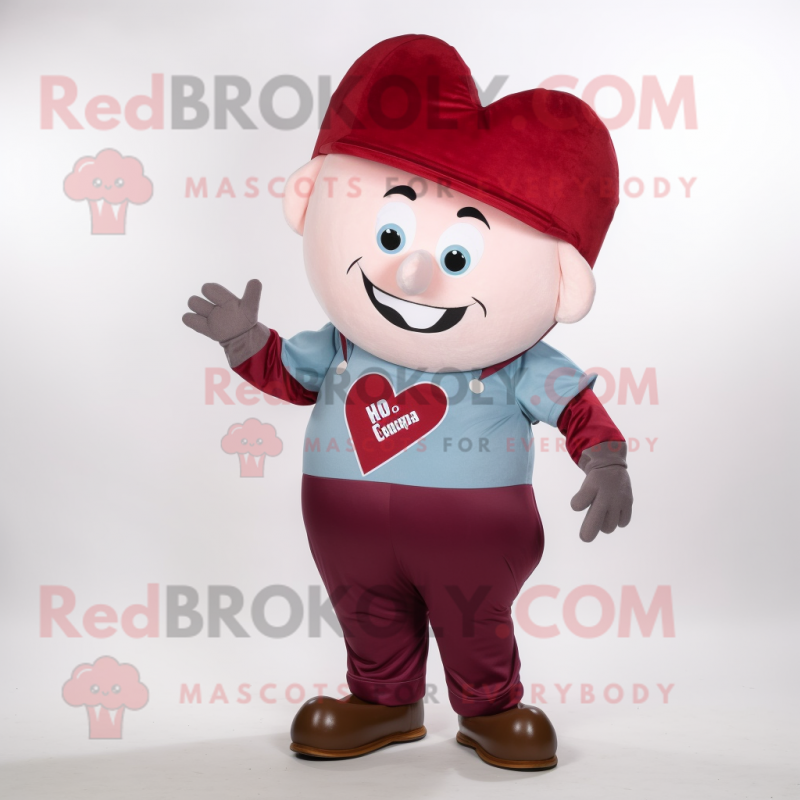 Maroon Heart mascot costume character dressed with a Overalls and Cummerbunds